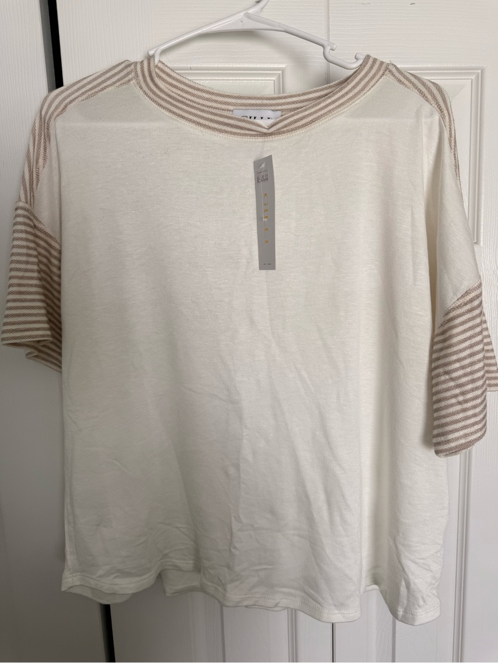 Woman’s Cream Short-Sleeve Shirt with Tan Stripe Accents